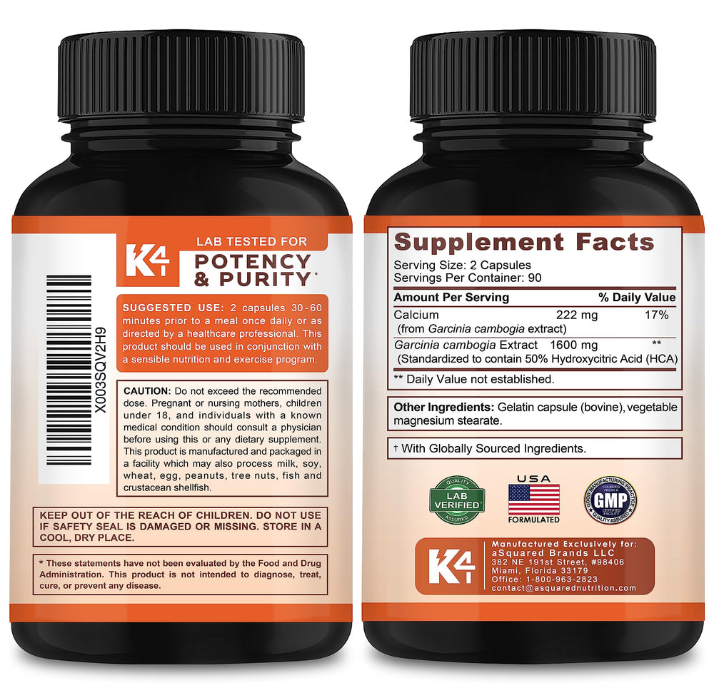 K4 Keto Garcinia Cambogia nutrition panel close-up highlights calcium antioxidants.