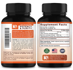 K4 Keto Garcinia Cambogia nutrition panel close-up highlights calcium antioxidants.