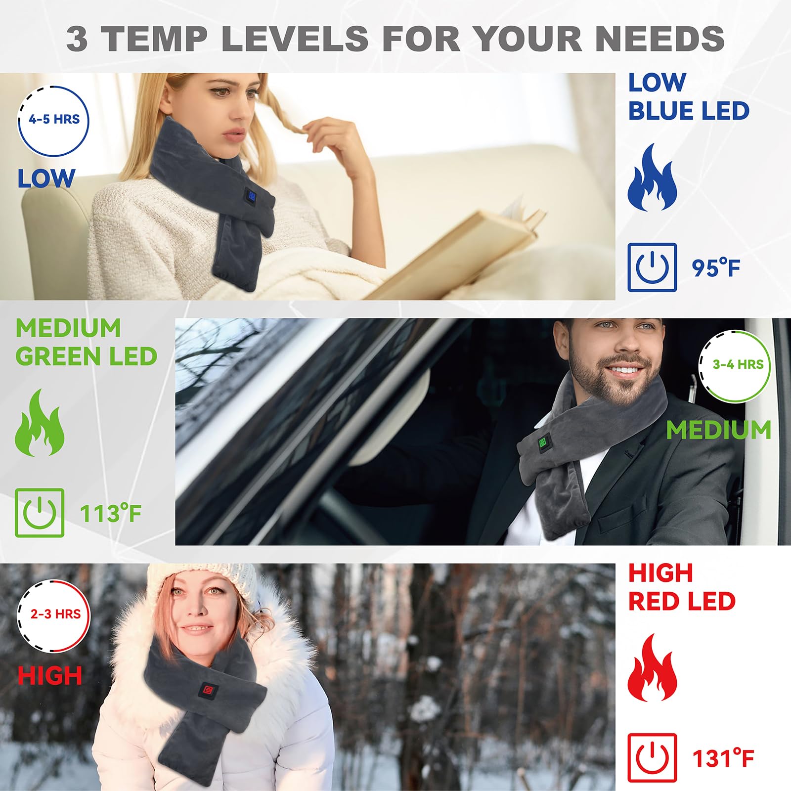 KADORVA heated scarf with 3 heat settings for customizable comfort.