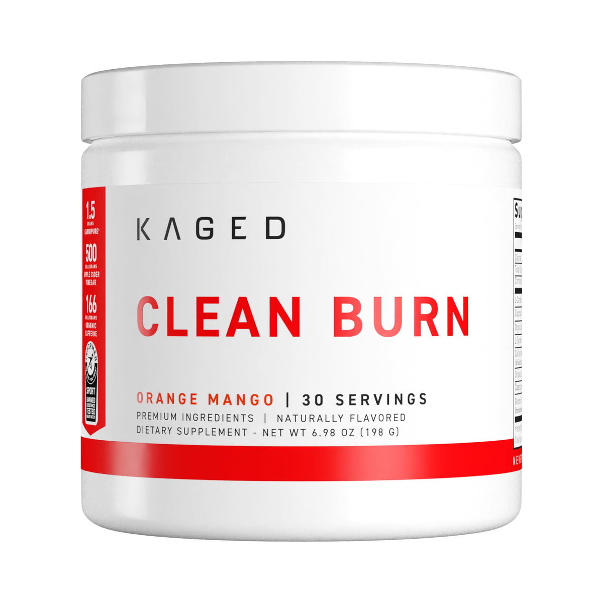 Kaged Clean Burn bottle front showing orange mango powder for an energized workout.