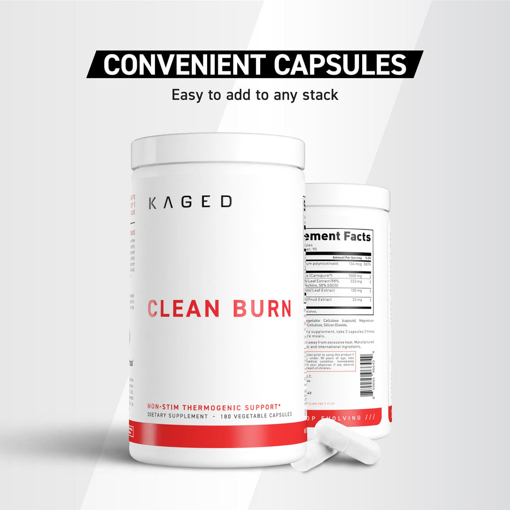 View of Kaged Clean Burn ingredients label suggesting science-backed components.