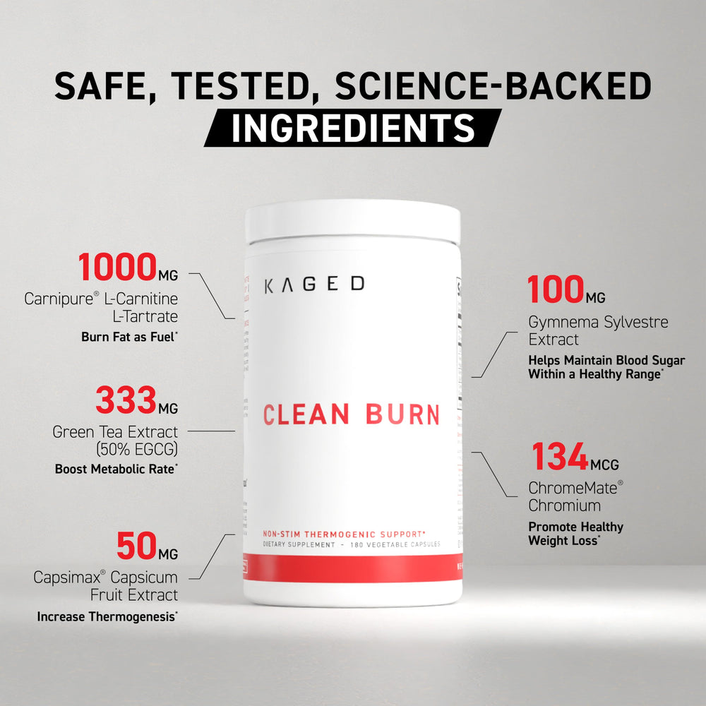 Kaged Clean Burn packaging close-up emphasizes patented ingredients and quality.