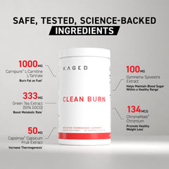 Kaged Clean Burn packaging close-up emphasizes patented ingredients and quality.