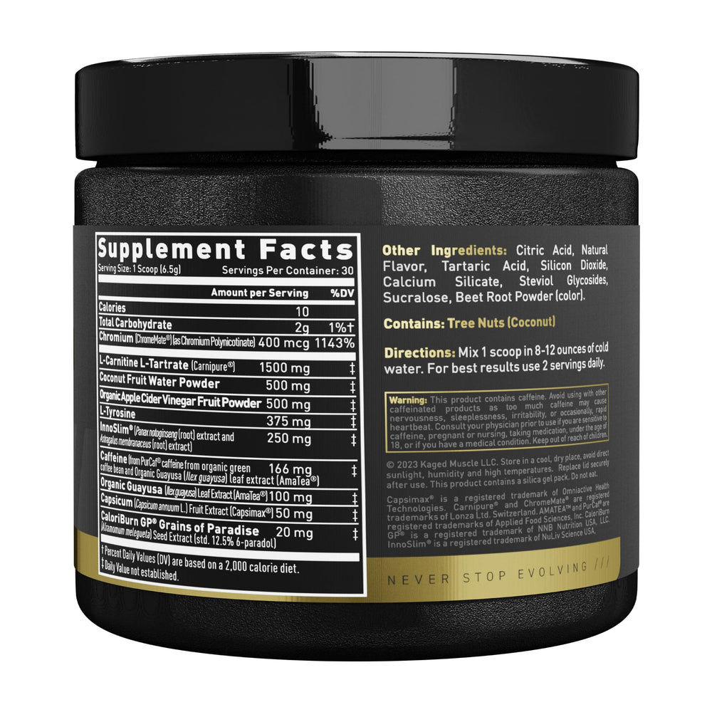 Kaged Clean Burn Elite powder swirling into water shows texture and mixability.