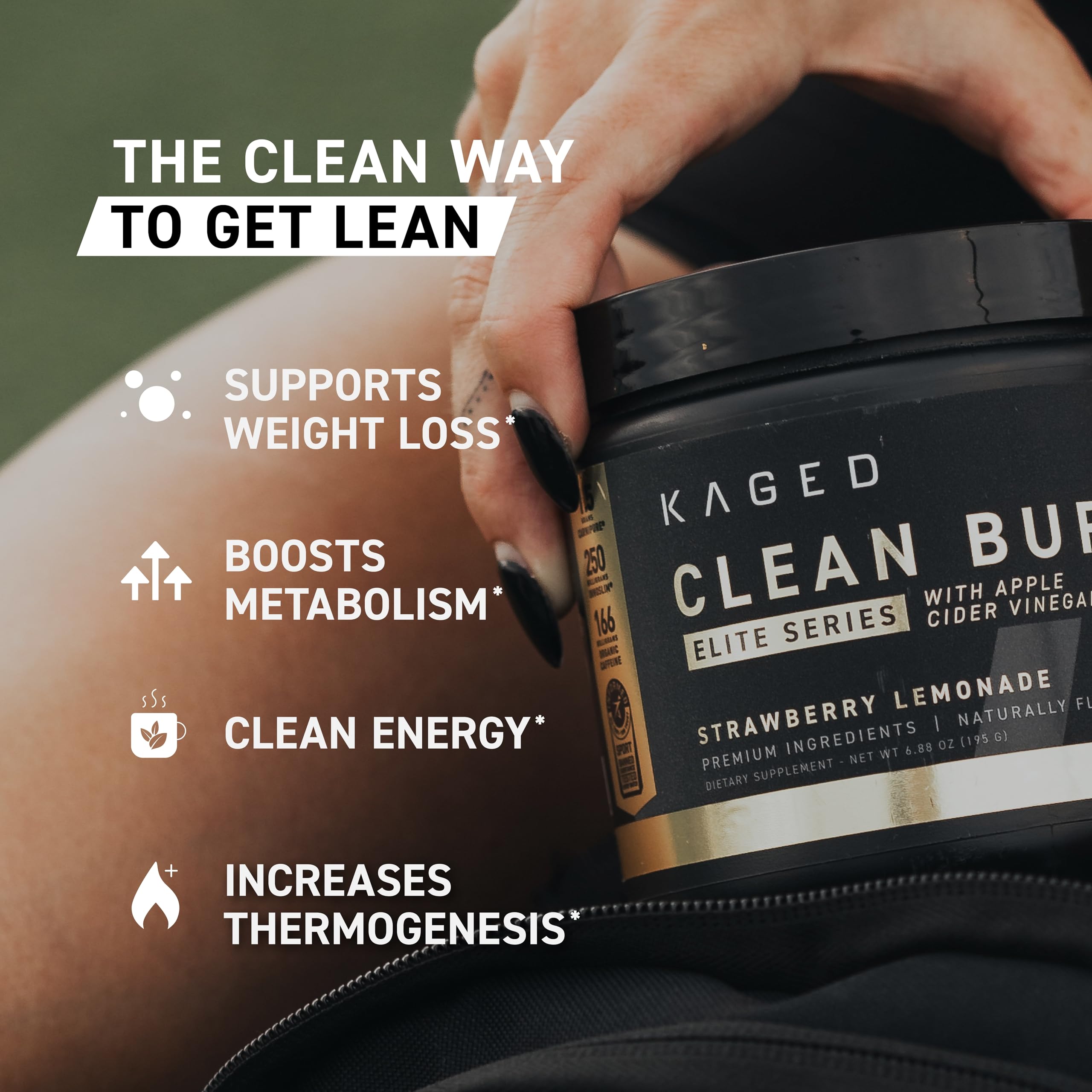 Kaged Clean Burn Elite label communicates vegan, non-GMO, gluten-free features for dietary choices.