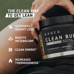 Kaged Clean Burn Elite label communicates vegan, non-GMO, gluten-free features for dietary choices.