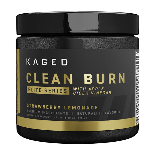 Kaged Clean Burn Elite strawberry lemonade tub label helps identify flavor and product details quickly.