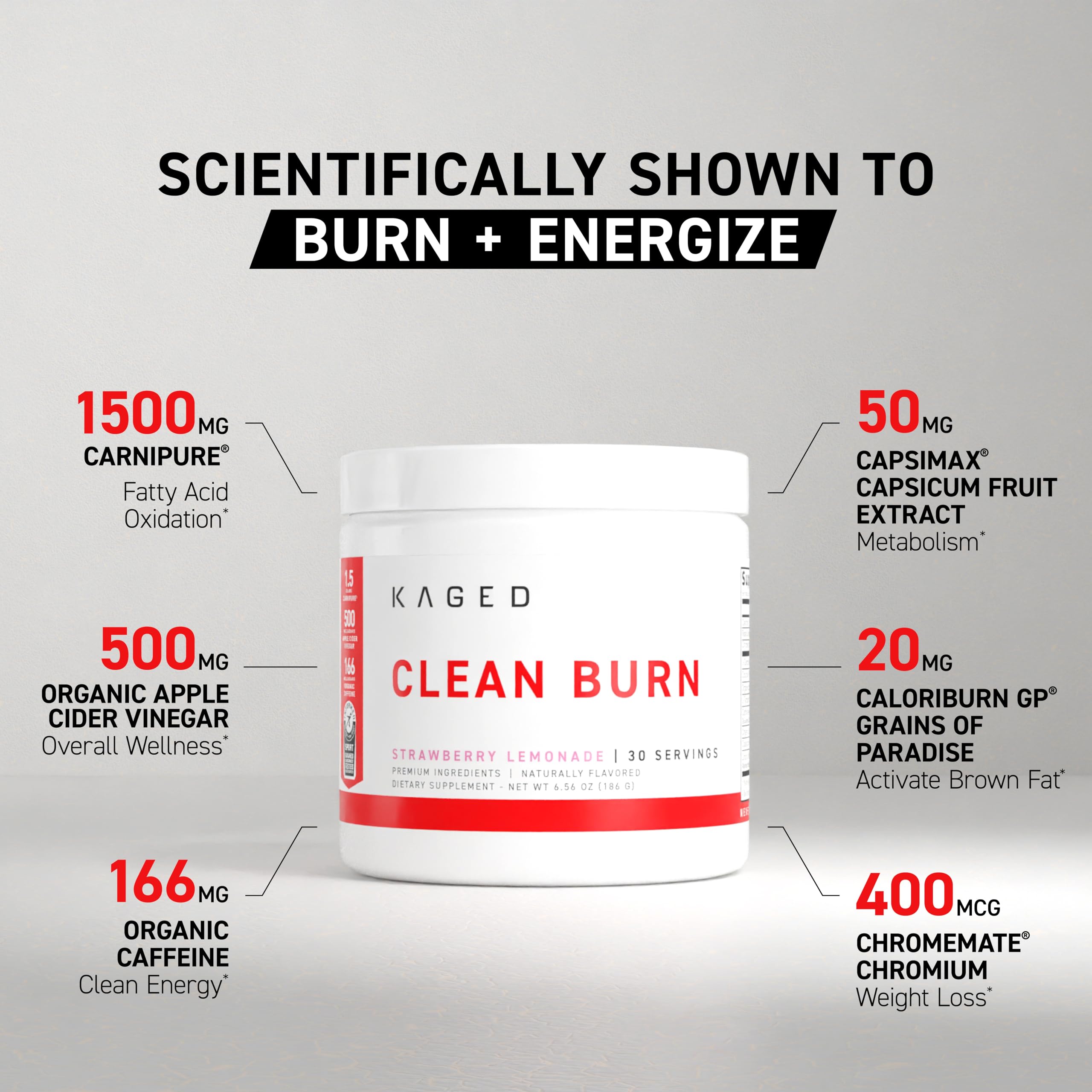Kaged Clean Burn jar on shelf highlighting CaloriBurn GP for metabolism support.