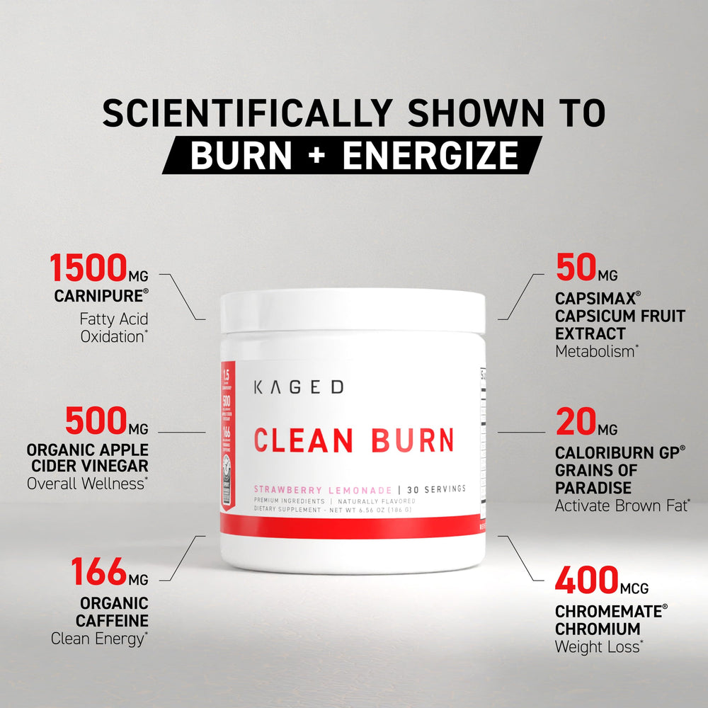 Kaged Clean Burn jar on shelf highlighting CaloriBurn GP for metabolism support.
