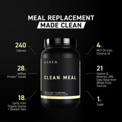 Two scoops of Kaged Clean Meal shake dissolve to a creamy vanilla drink.