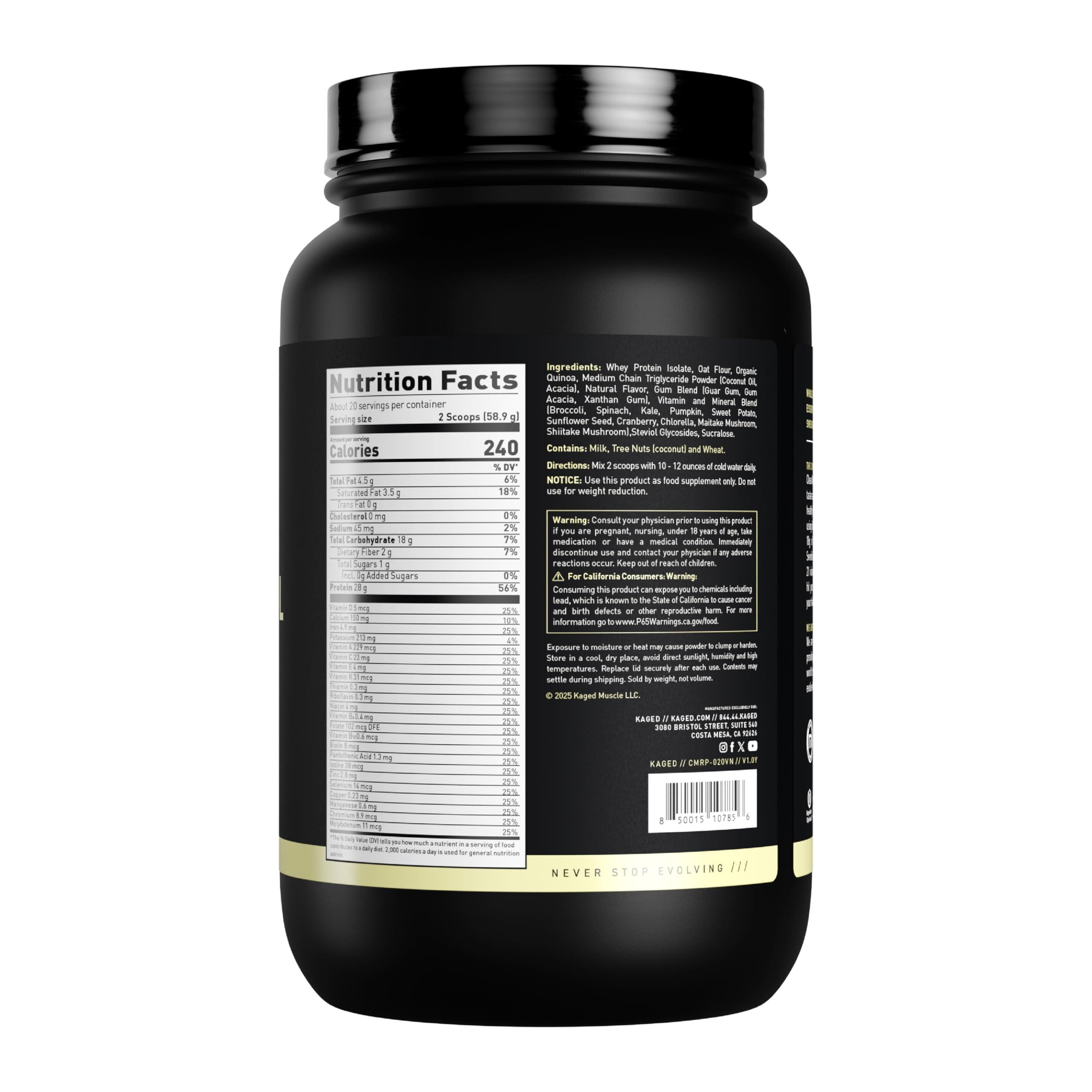 Kaged Clean Meal whey protein isolate panel shows premium protein source and quality ingredients.