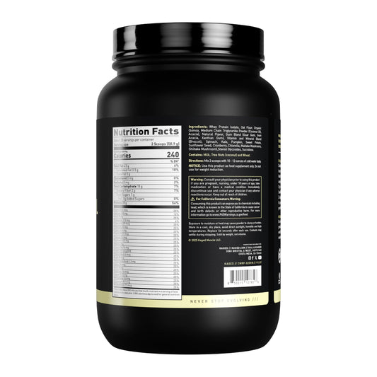 Kaged Clean Meal whey protein isolate panel shows premium protein source and quality ingredients.