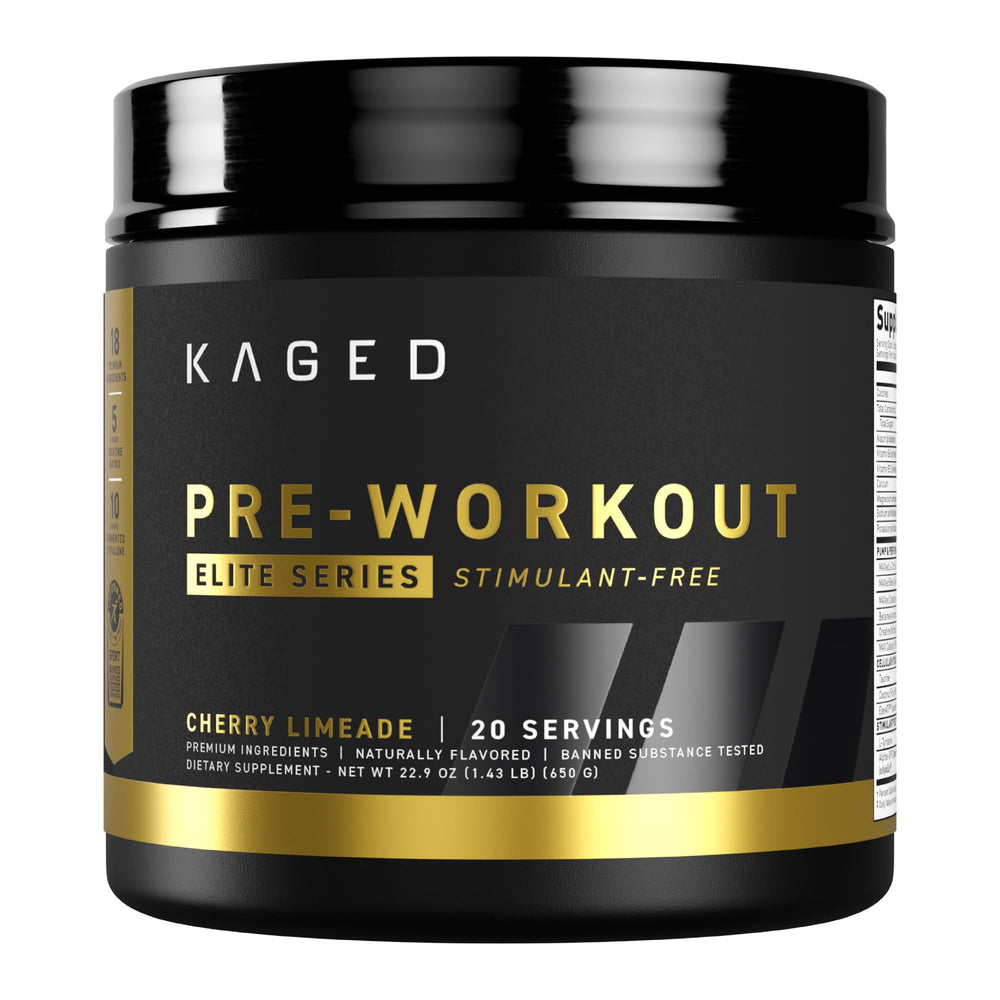 Kaged Pre Workout Elite Stim Free Cherry Limeade bottle for a clean energy boost.