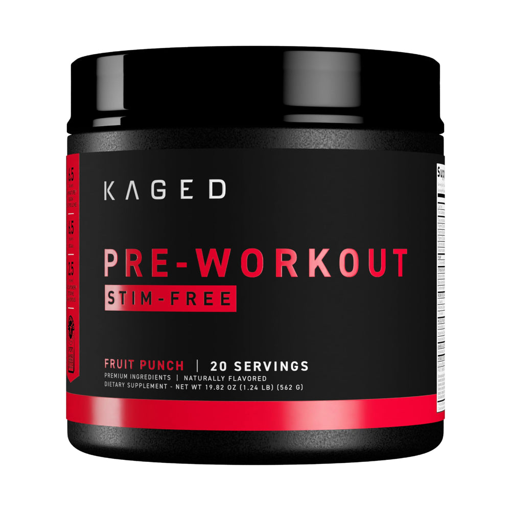 Kaged Fruit Punch bottle front with stimulant-free pre-workout branding