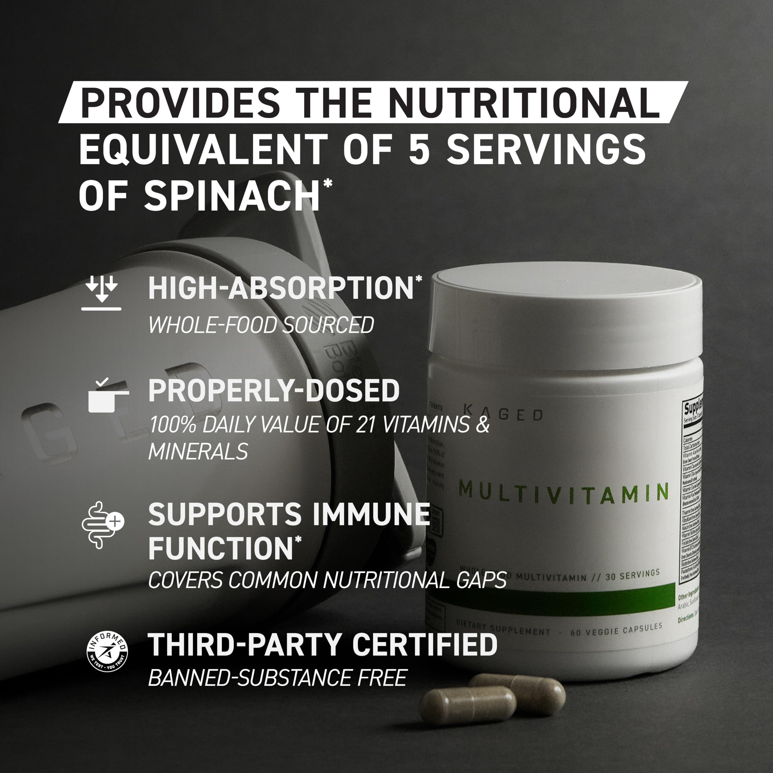 Kaged Multivitamin with ACTIValoe prebiotic illustrated on label.