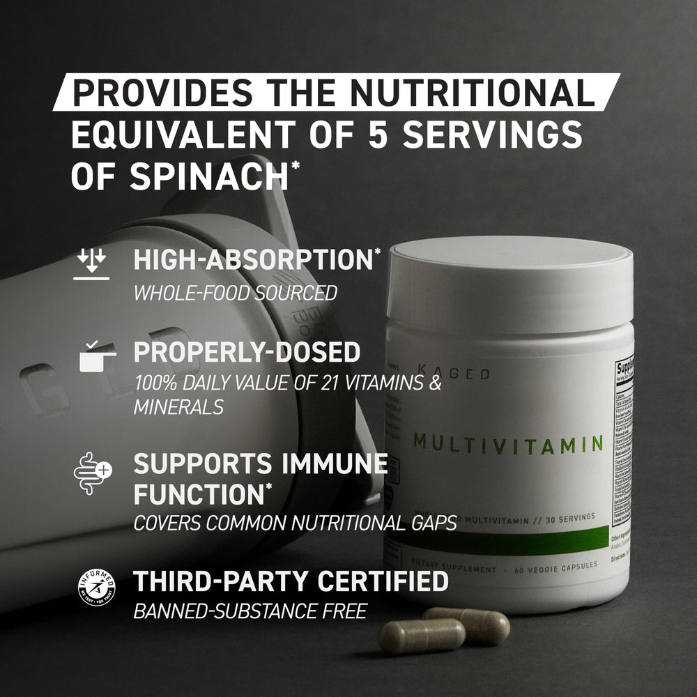 Kaged Multivitamin with ACTIValoe prebiotic illustrated on label.