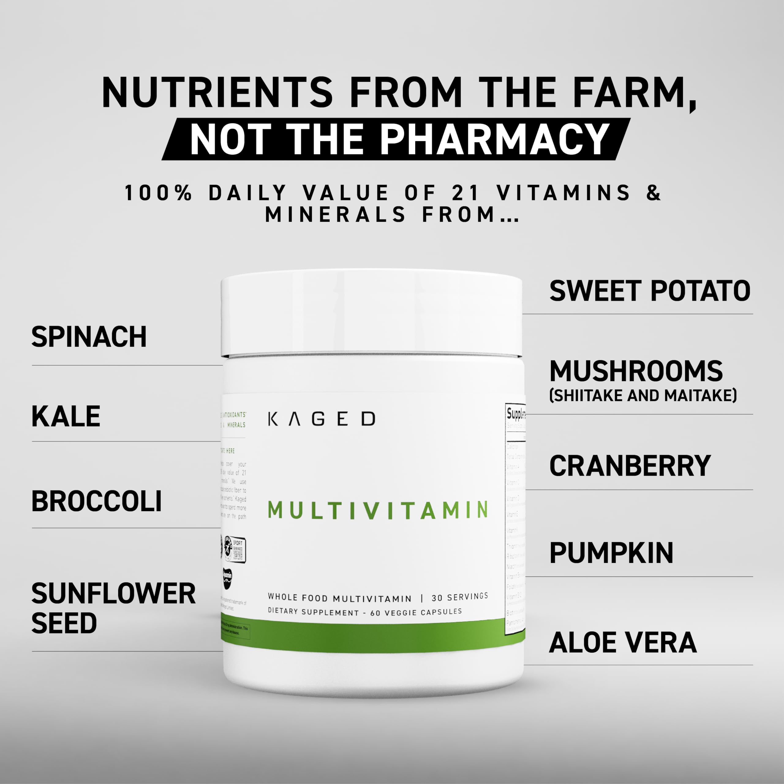Kaged Multivitamin capsules close-up highlighting convenient daily dose.