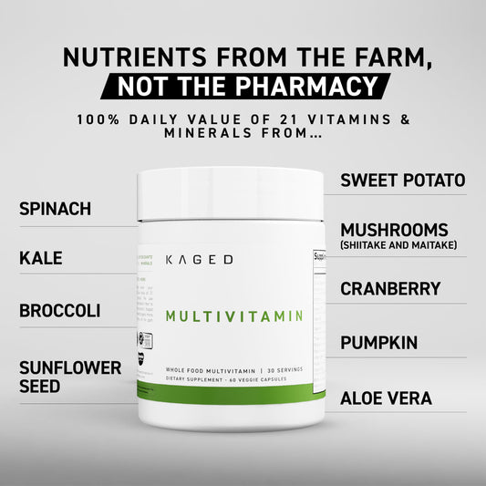 Kaged Multivitamin capsules close-up highlighting convenient daily dose.