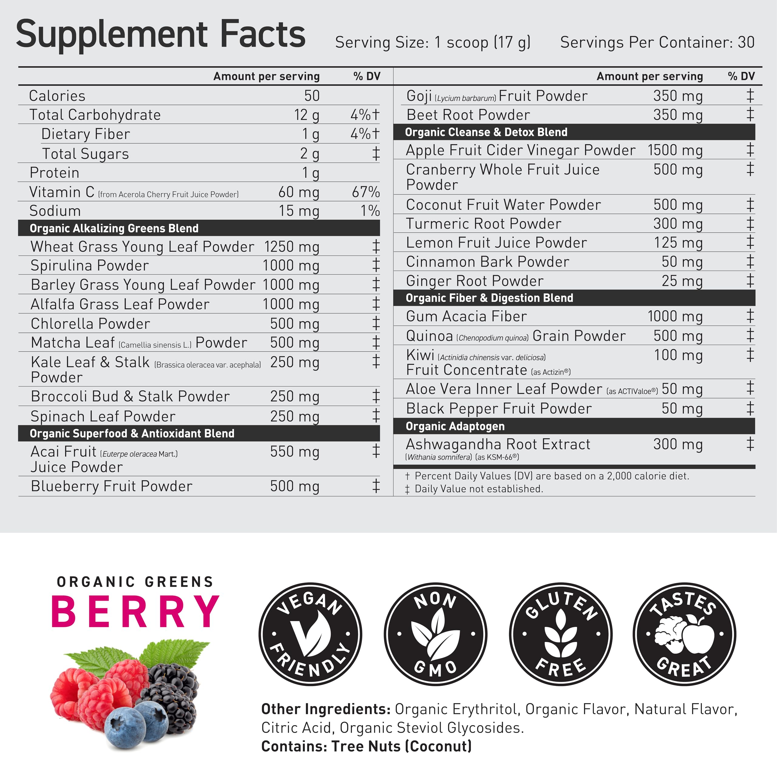 Kaged Organic Greens label highlights 26 fruits and vegetables.