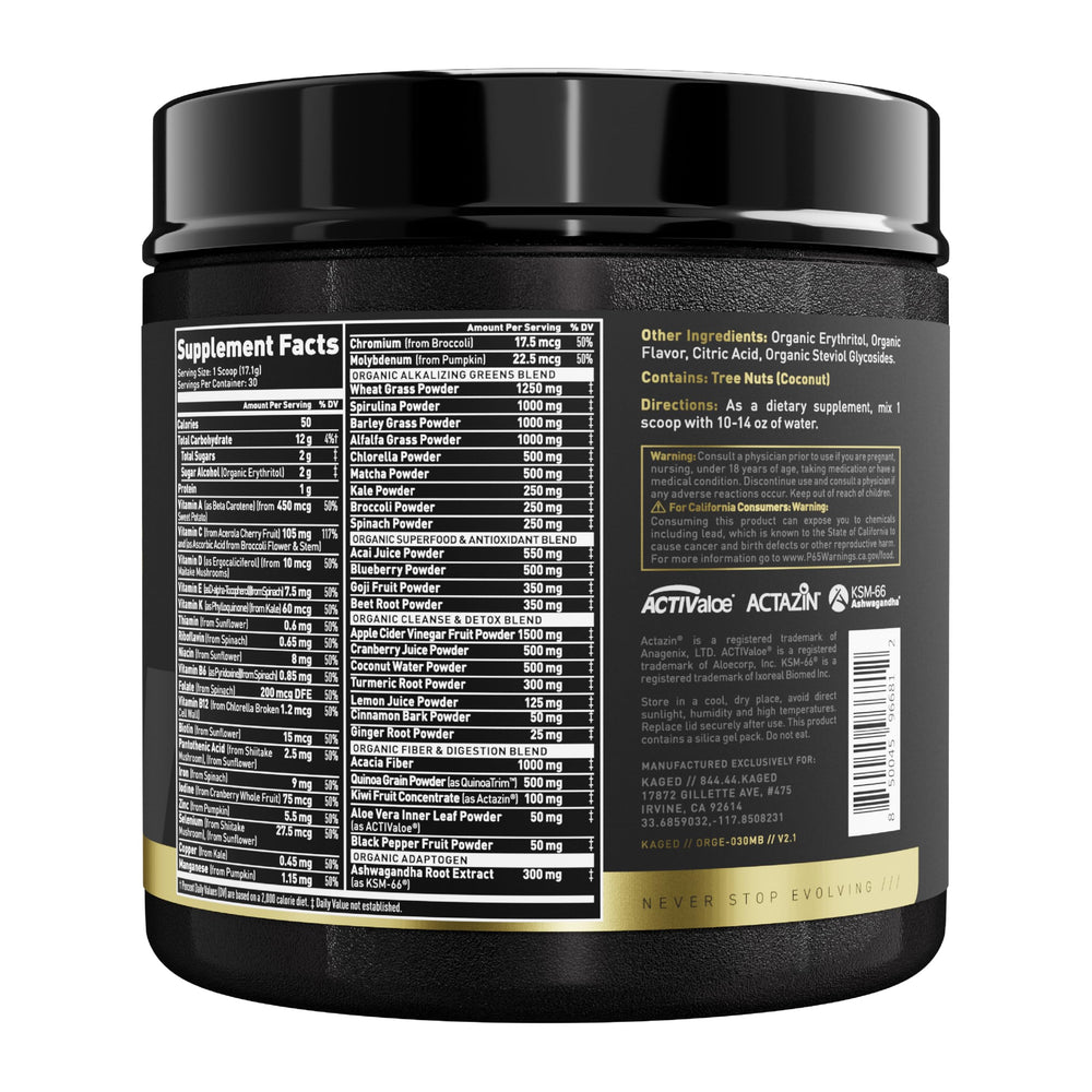Kaged Organic Greens Elite berry flavor closeup inviting daily ritual.