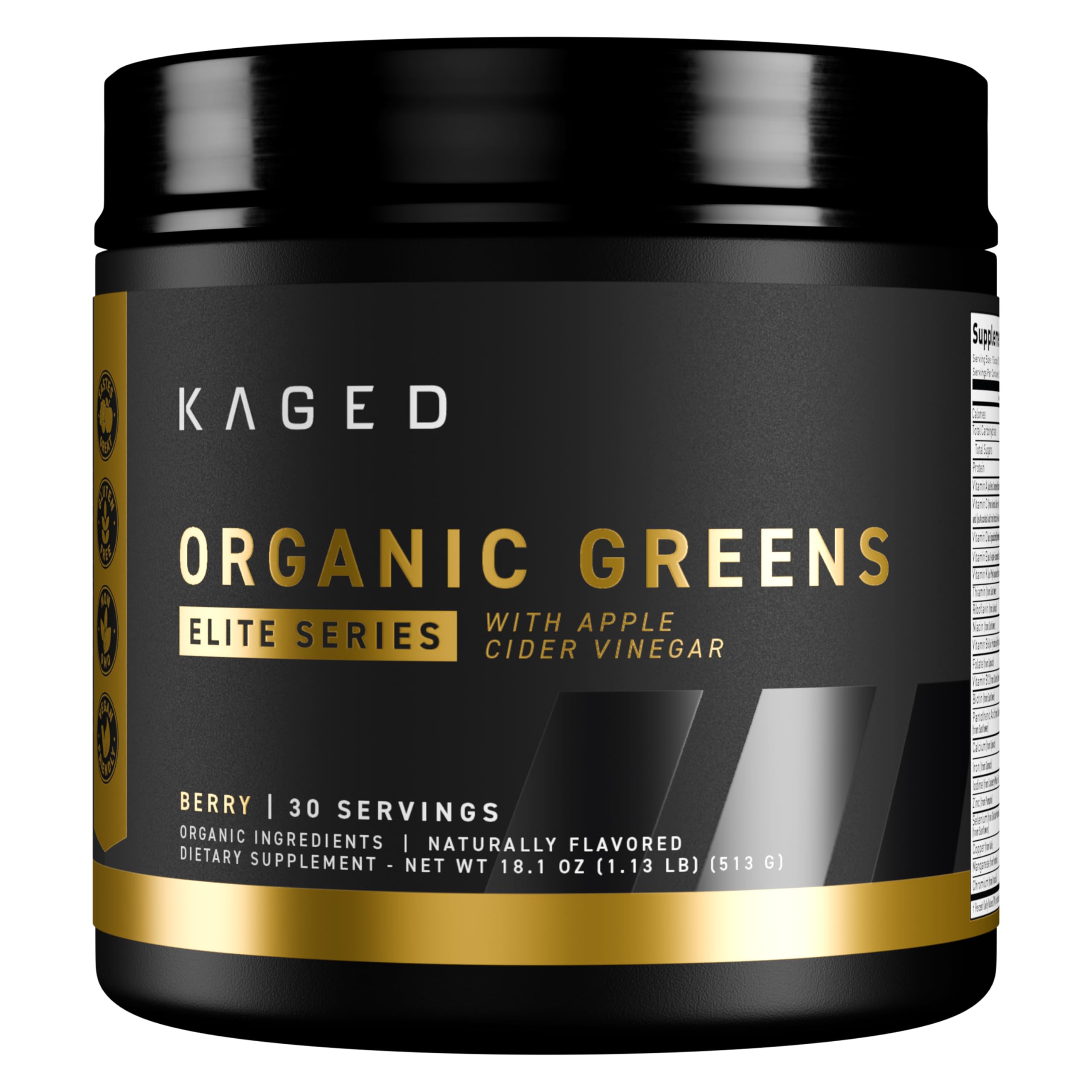 Kaged Organic Greens Elite berry powder tub, daily nutrition in a scoop-ready format.