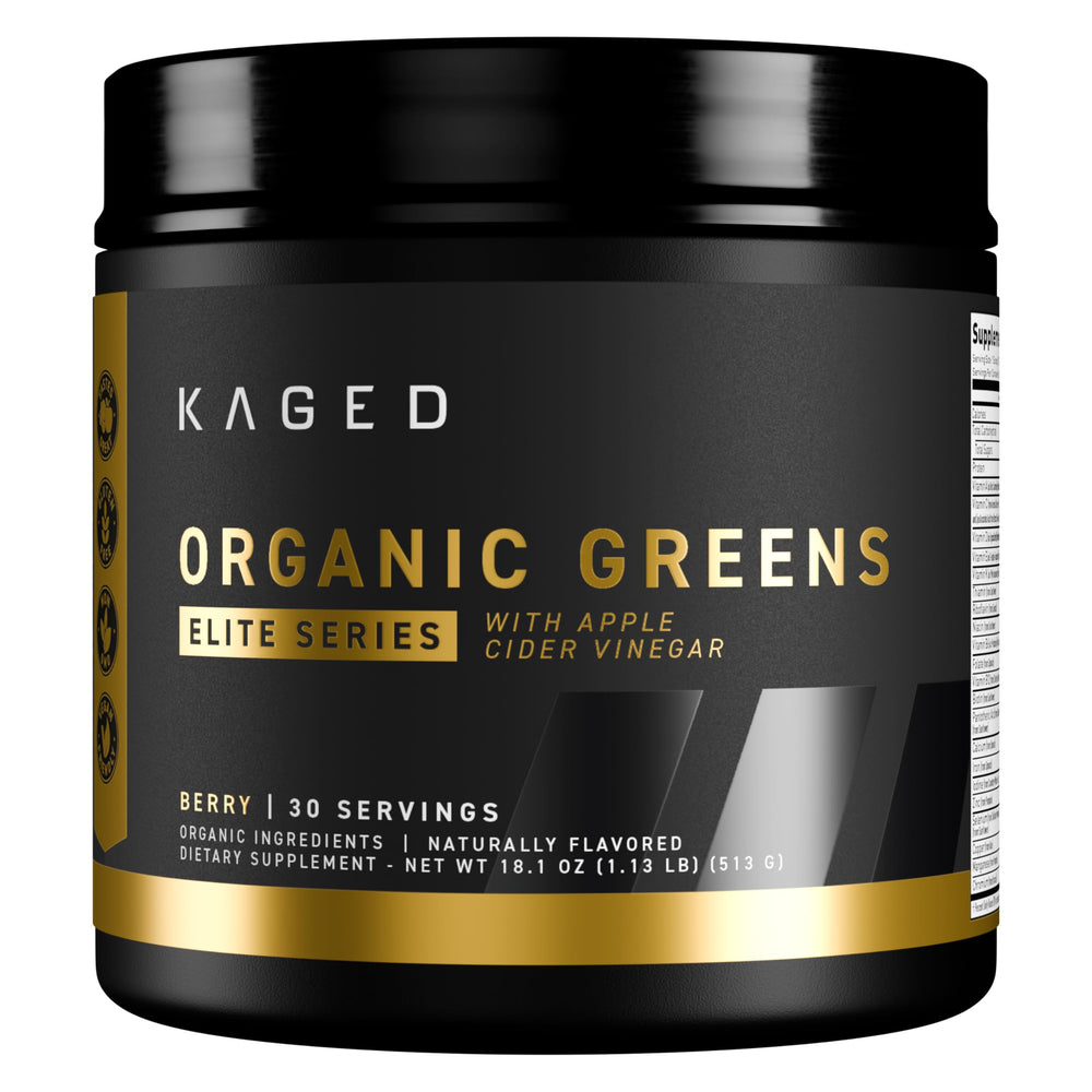 Kaged Organic Greens Elite berry powder tub, daily nutrition in a scoop-ready format.