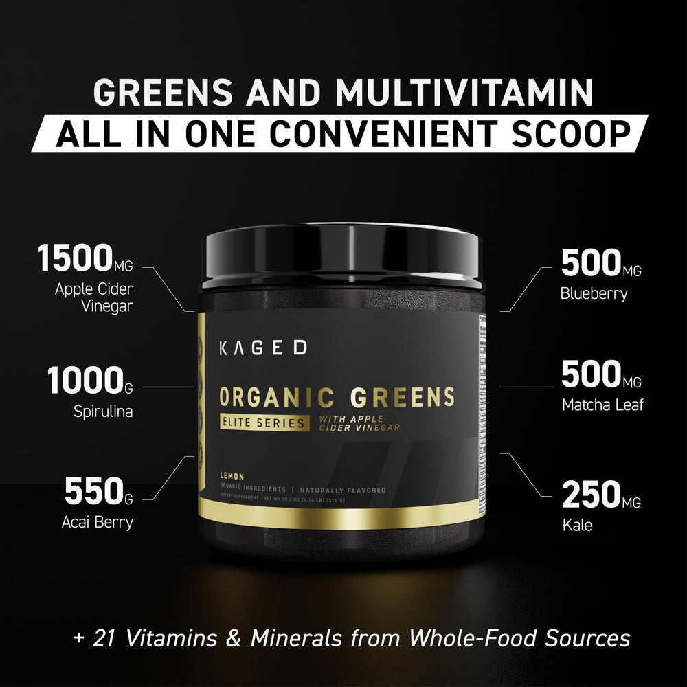 Kaged Organic Greens Elite bottle with glass, convenient on-the-go nutrition.