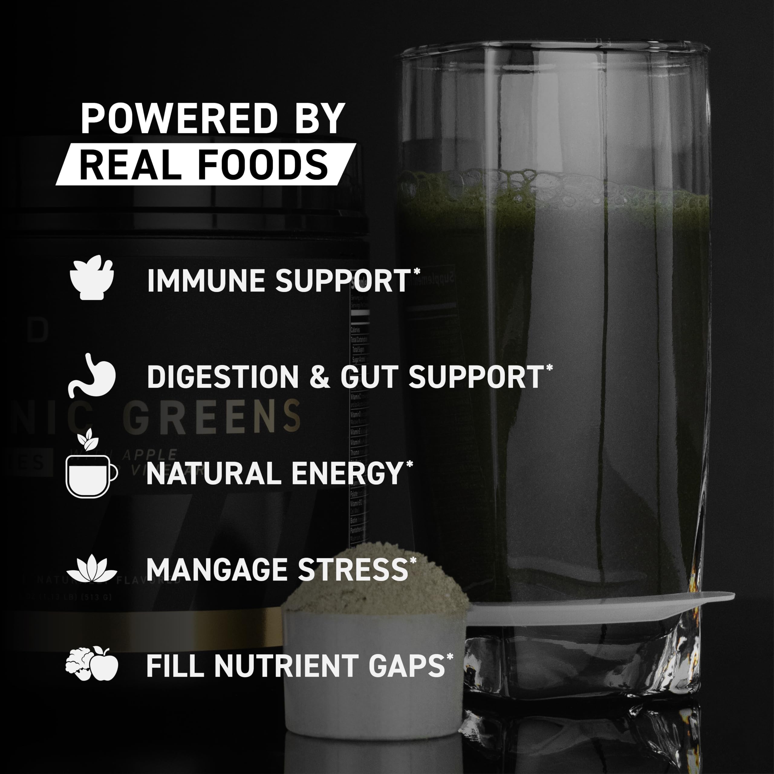 Kaged Organic Greens Elite ingredients pack showcasing greens, vinegar, adaptogens, and prebiotics.