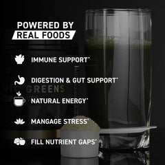 Kaged Organic Greens Elite ingredients pack showcasing greens, vinegar, adaptogens, and prebiotics.