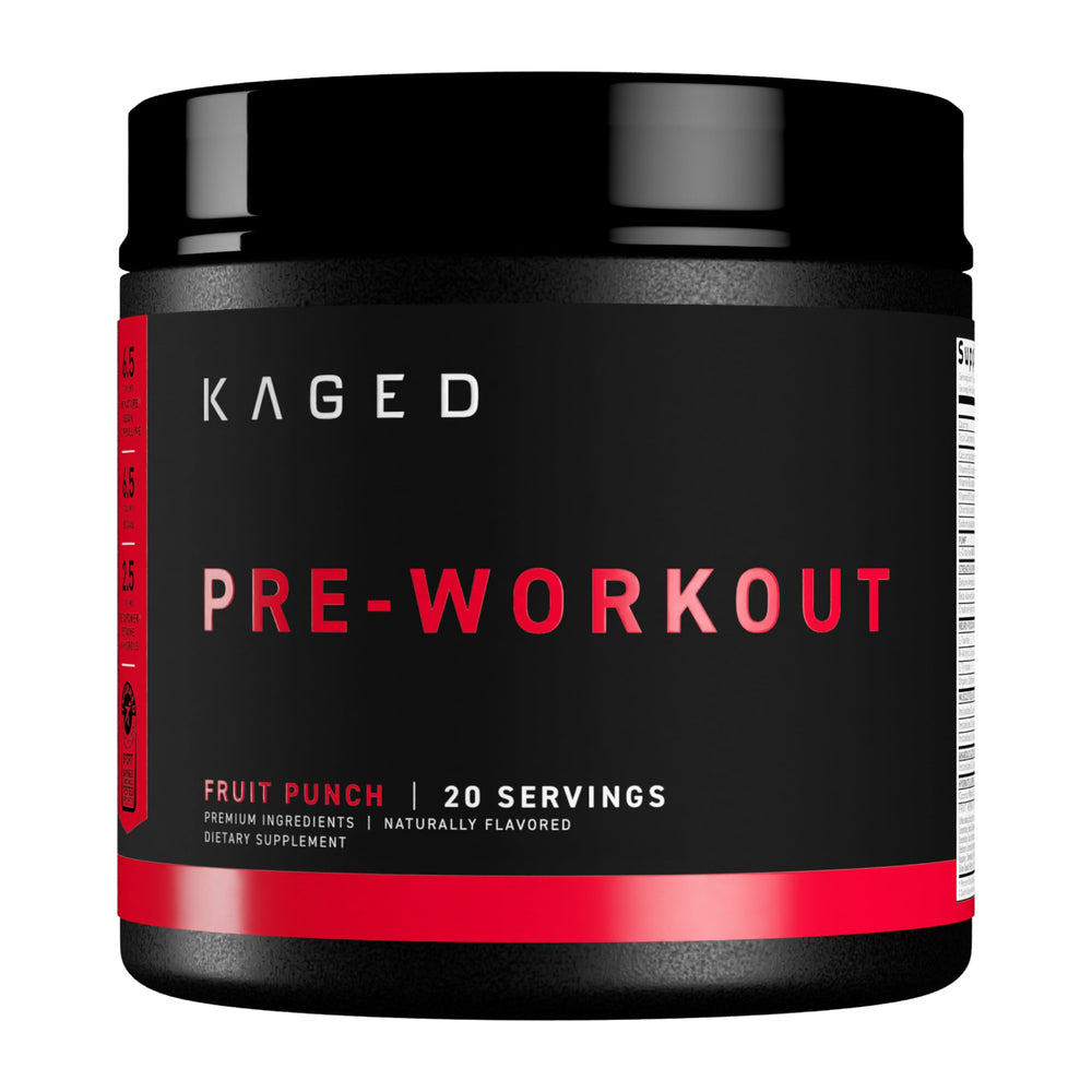 Kaged Pre-Workout Fruit Punch tub ready for intense training sessions.