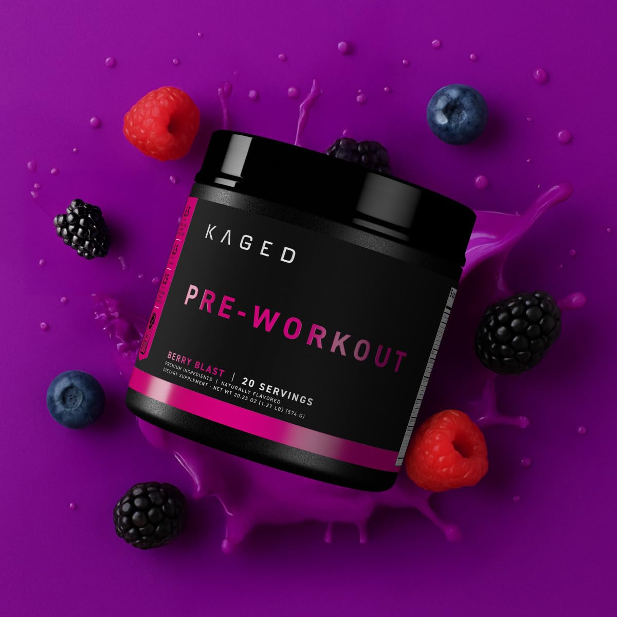 Kaged Original Pre-Workout Berry Blast bottle on shelf for gym use