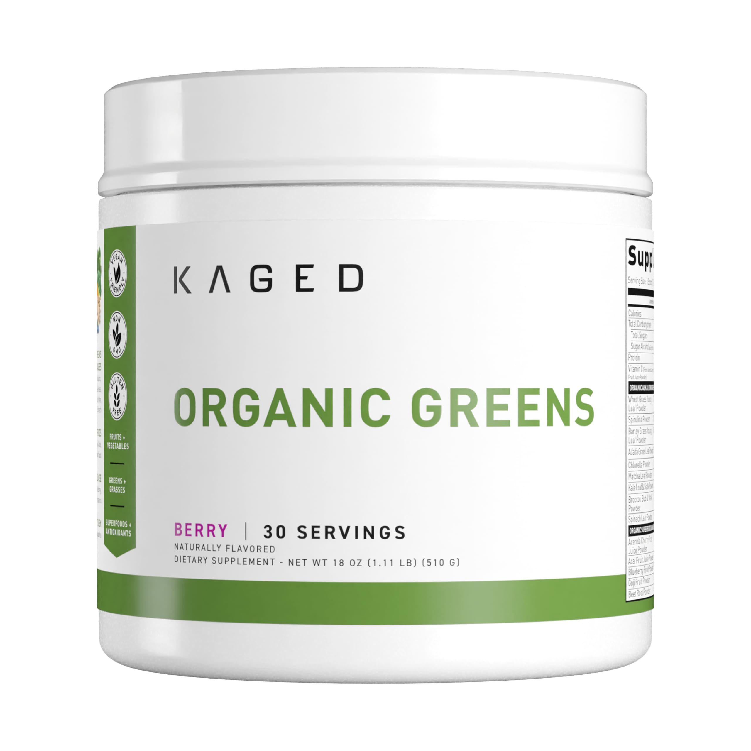 Kaged Outlive100 Berry bottle front showing vibrant superfood powder for daily vitality.