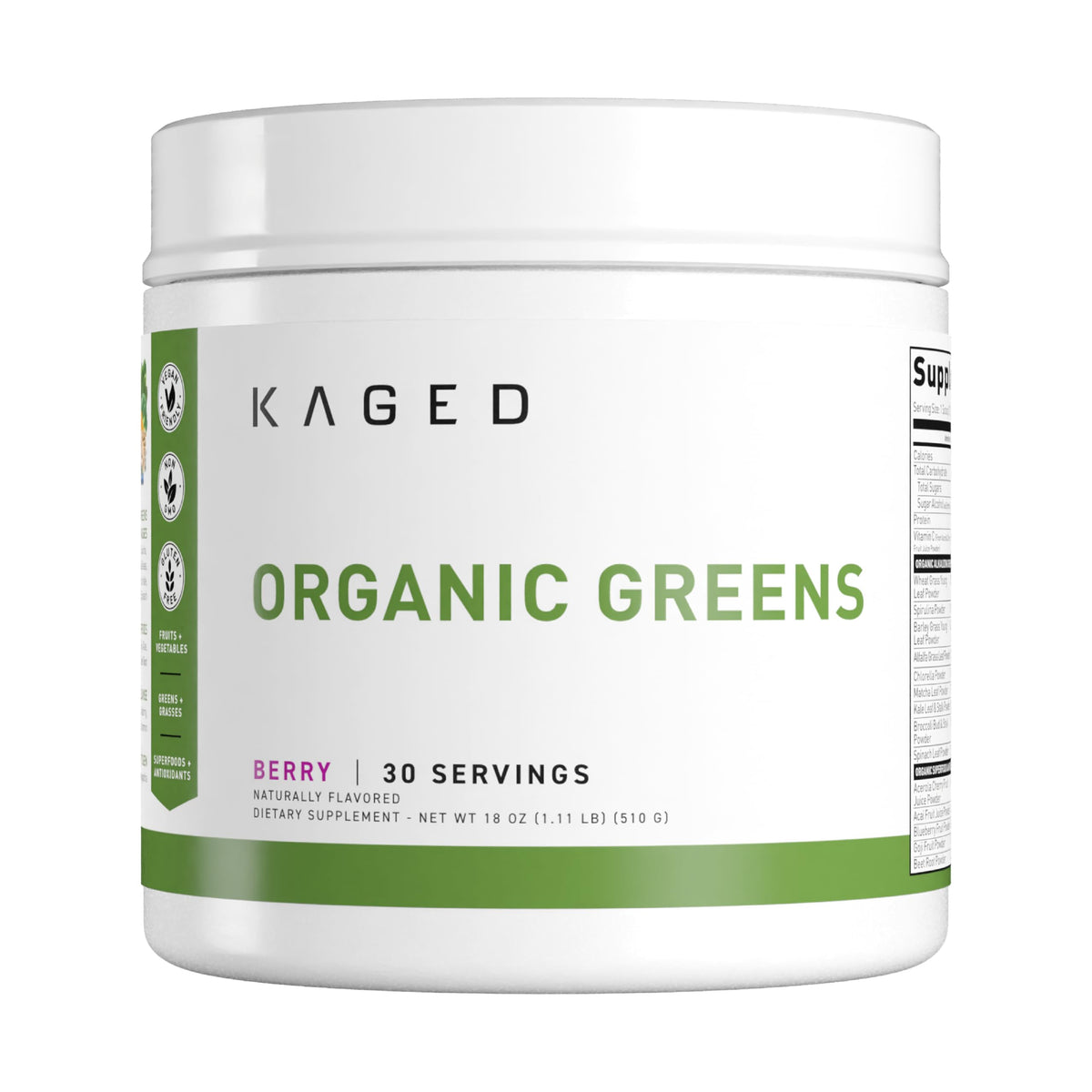 Kaged Outlive100 Berry bottle front showing vibrant superfood powder for daily vitality.