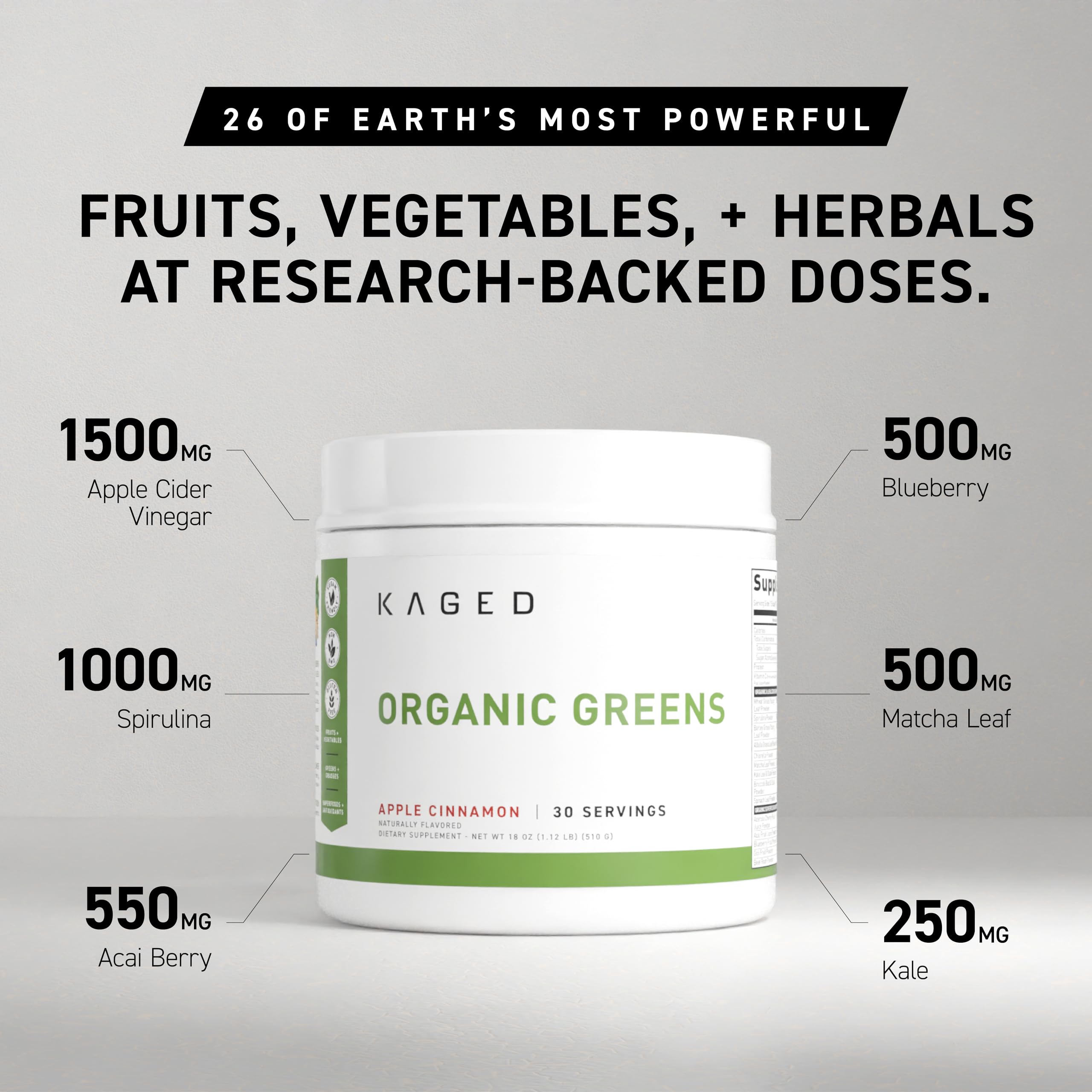 Kaged Outlive100 berry scoop beside glass, convenient daily nutrition.