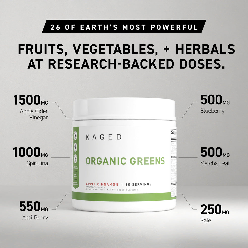 Kaged Outlive100 berry scoop beside glass, convenient daily nutrition.