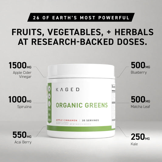 Kaged Outlive100 berry scoop beside glass, convenient daily nutrition.