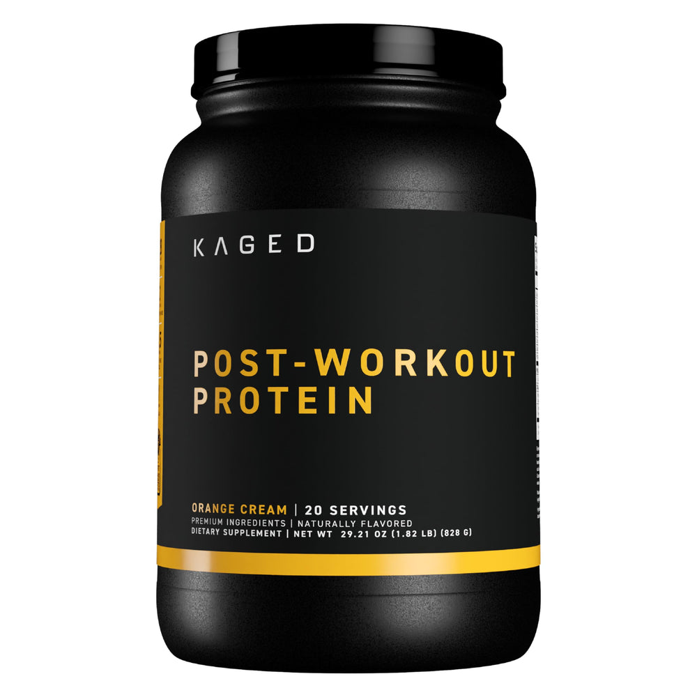 Kaged Post Workout Orange Cream tub ready for post-workout recovery.