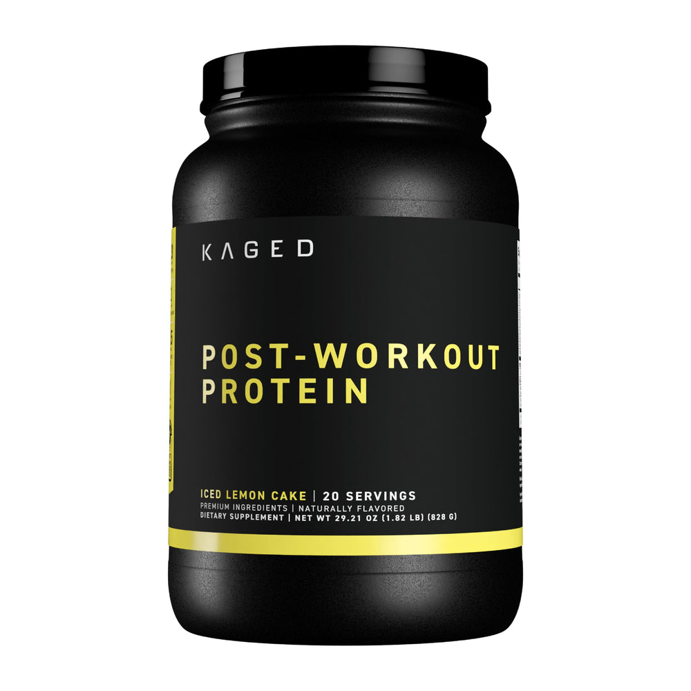 Kaged Post Workout Protein tub with iced lemon cake flavor for post-workout recovery