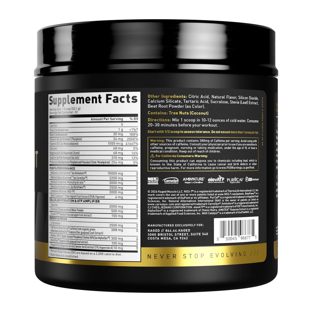 Serving size information on Kaged Pre‑Workout Elite Fruit Punch canister