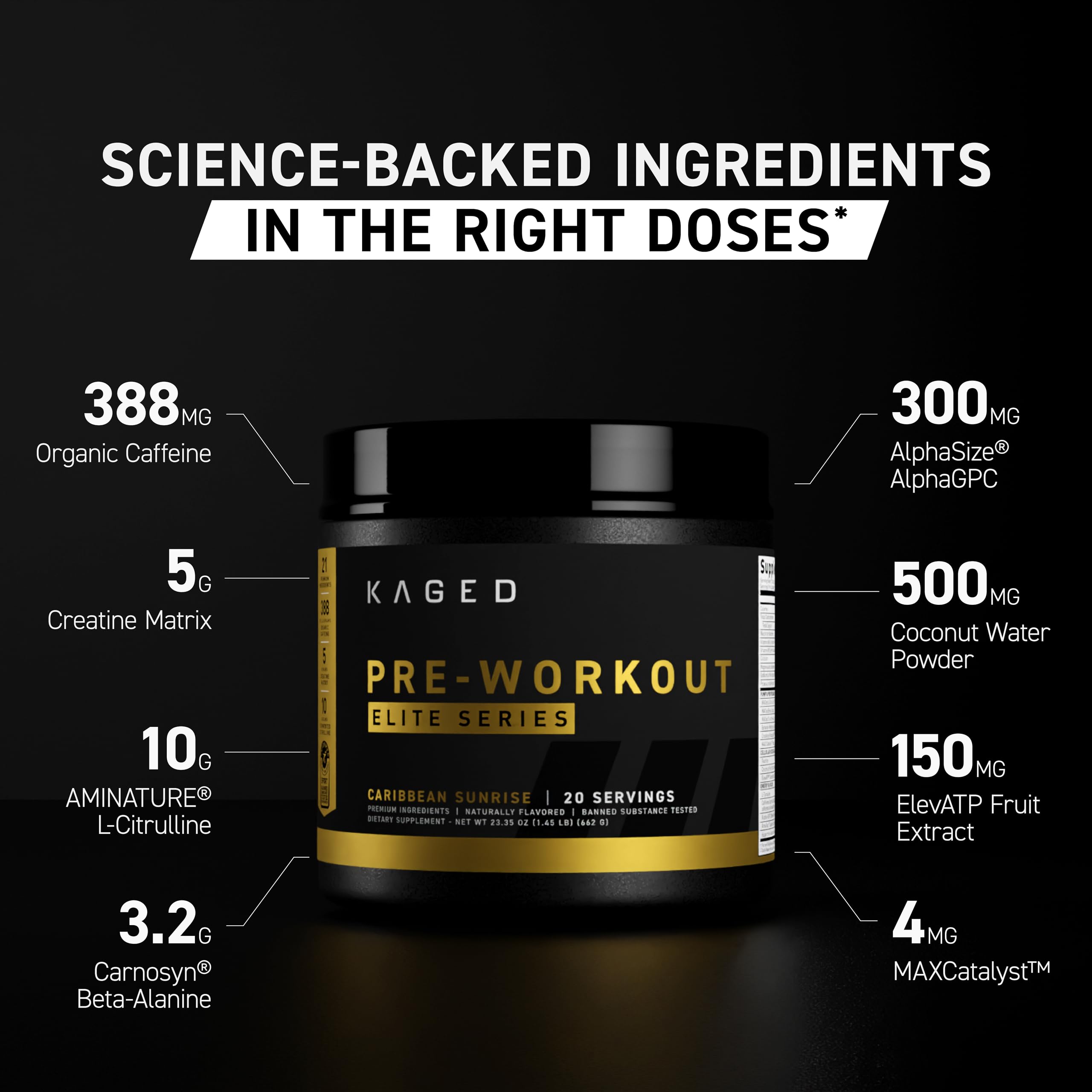 Pouring Kaged Pre Workout Elite Orange Mango for steady workout energy