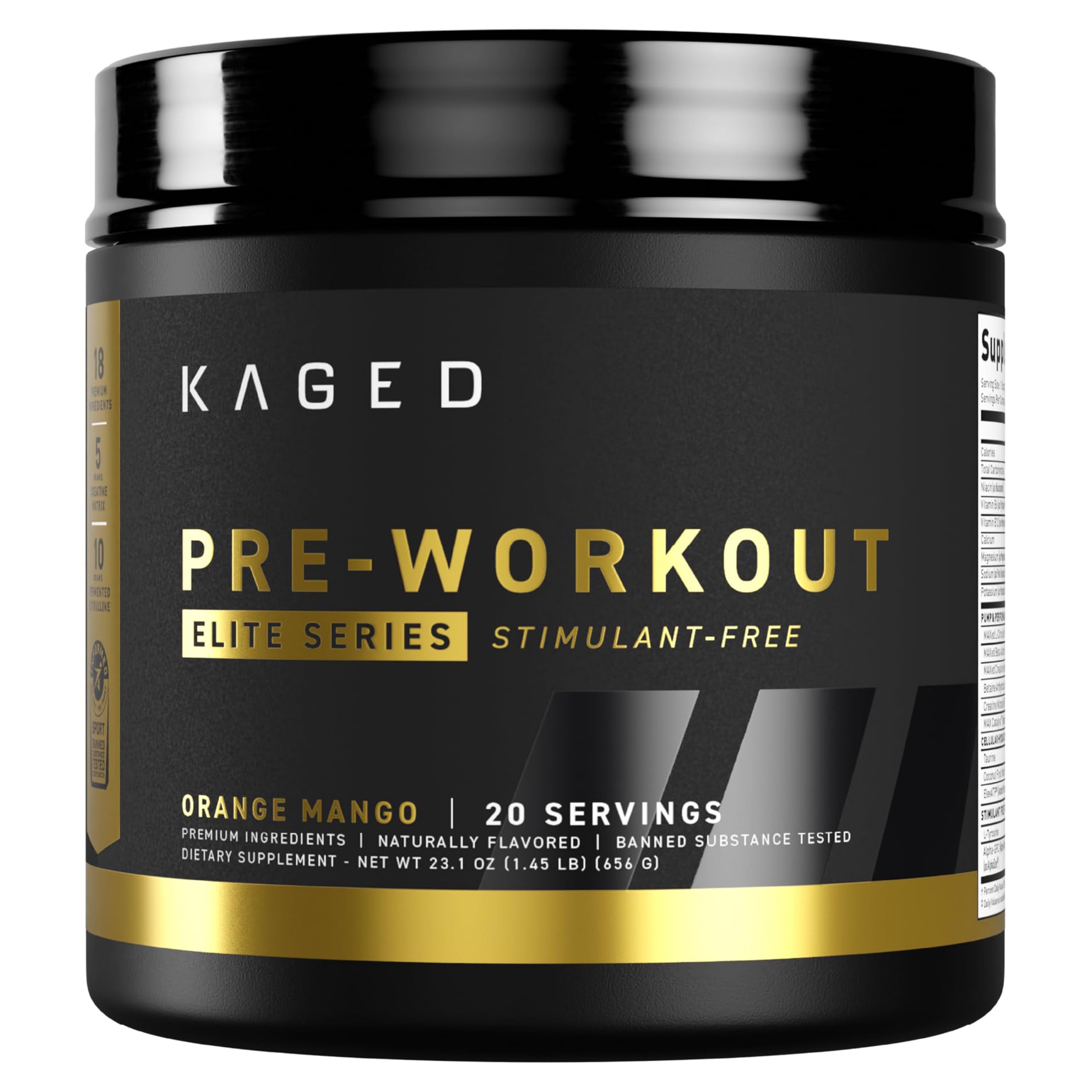 Kaged Pre Workout Elite Stim Free Orange Mango bottle for caffeine-free evening workouts.