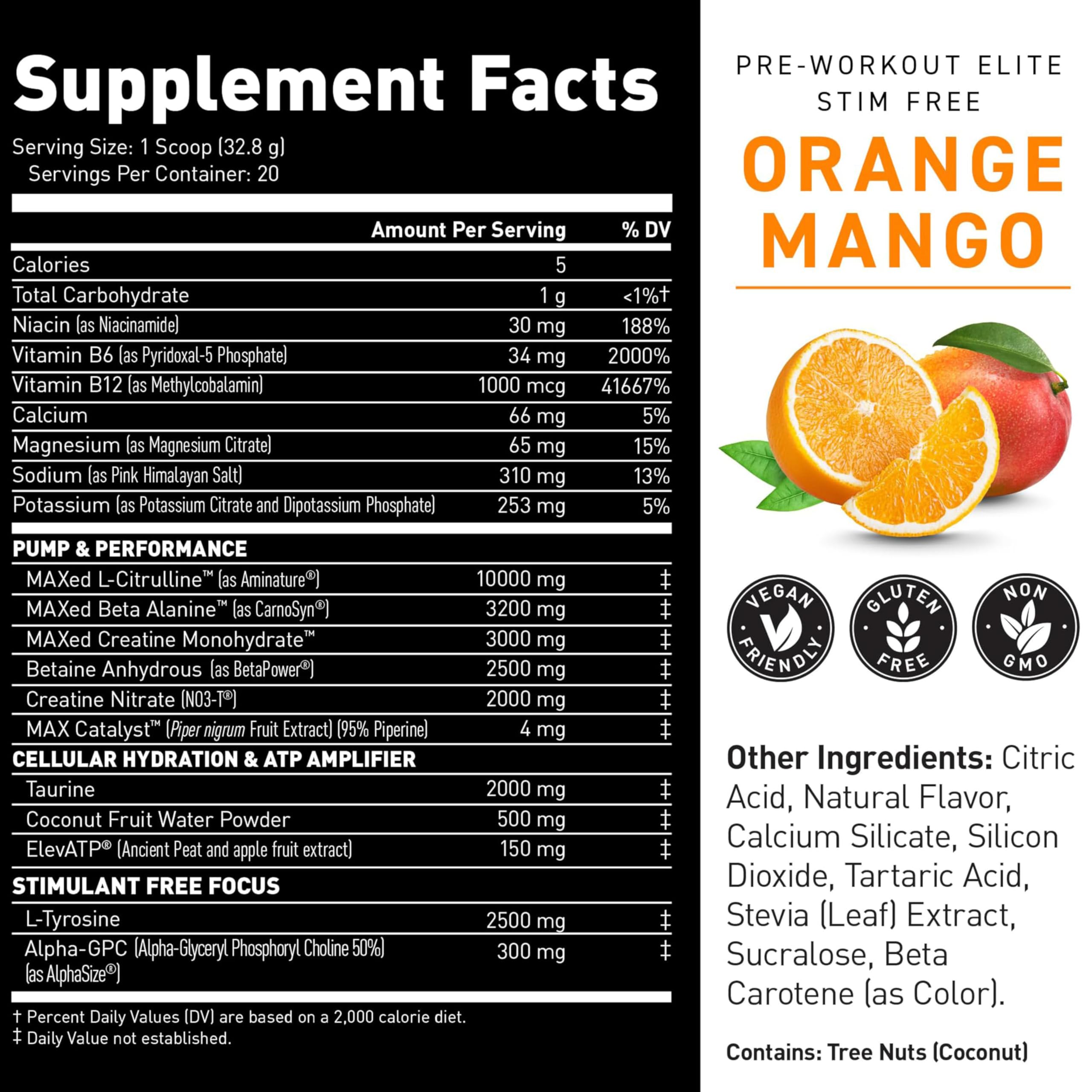 Ingredients close-up featuring L-Citrulline and BCAAs for pumps and endurance.