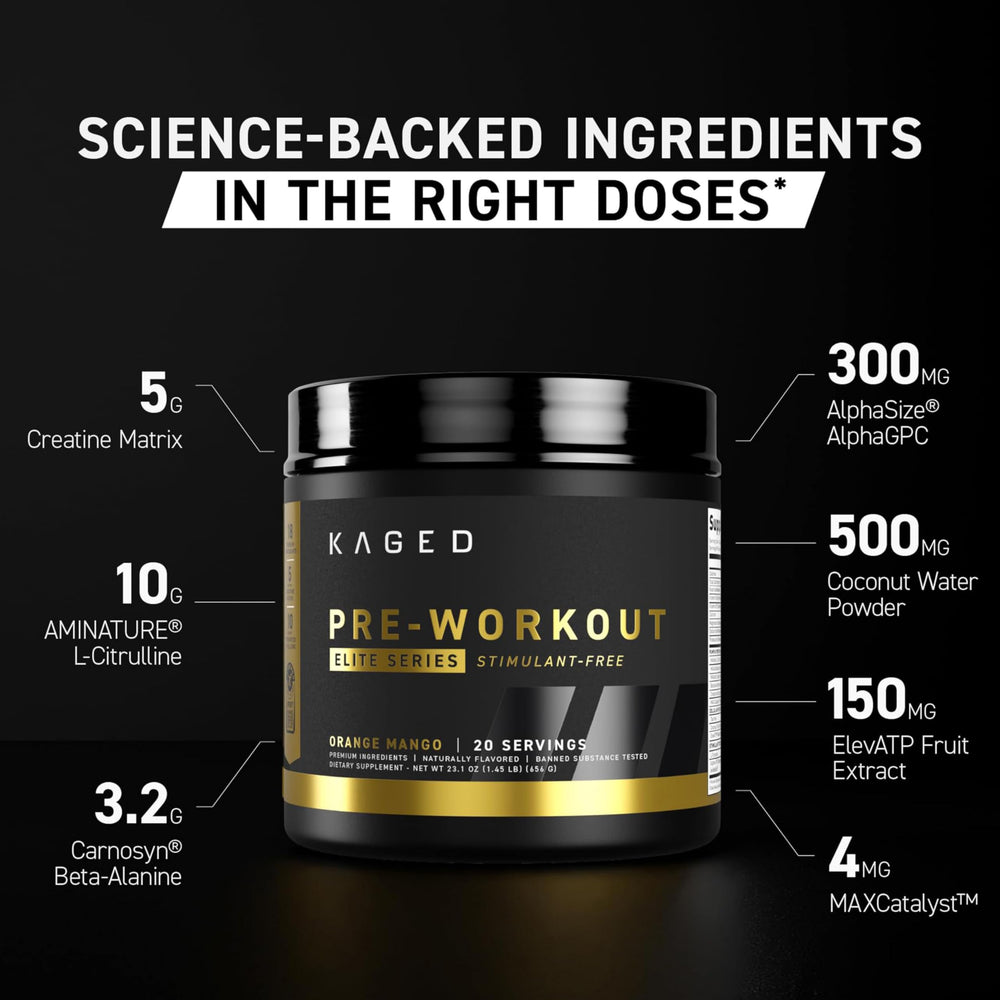 Kaged Pre Workout Elite Stim Free Orange Mango scoop showing a full 32 g dose.
