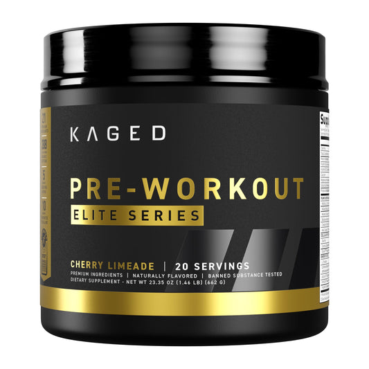 Kaged Pre Workout Elite tub front shows Cherry Limeade flavor for pre-workout energy
