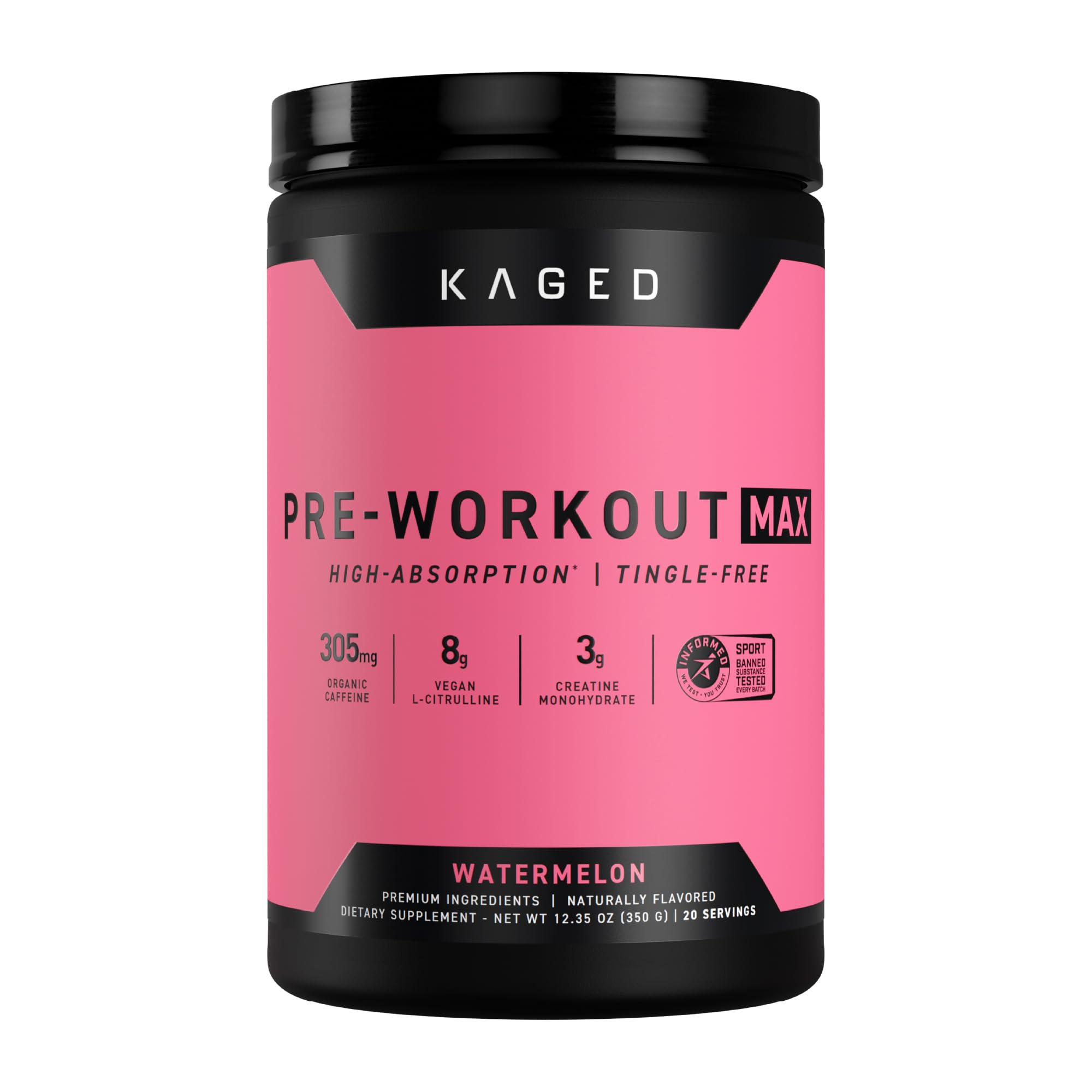 Kaged Pre Workout MAX watermelon tub shown for robust energy during training