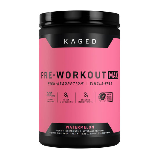 Kaged Pre Workout MAX watermelon tub shown for robust energy during training