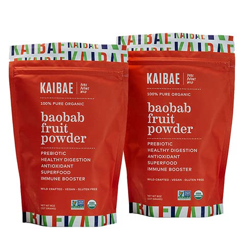 KAIBAE Baobab Powder bottle showing premium prebiotic fiber for digestive support.