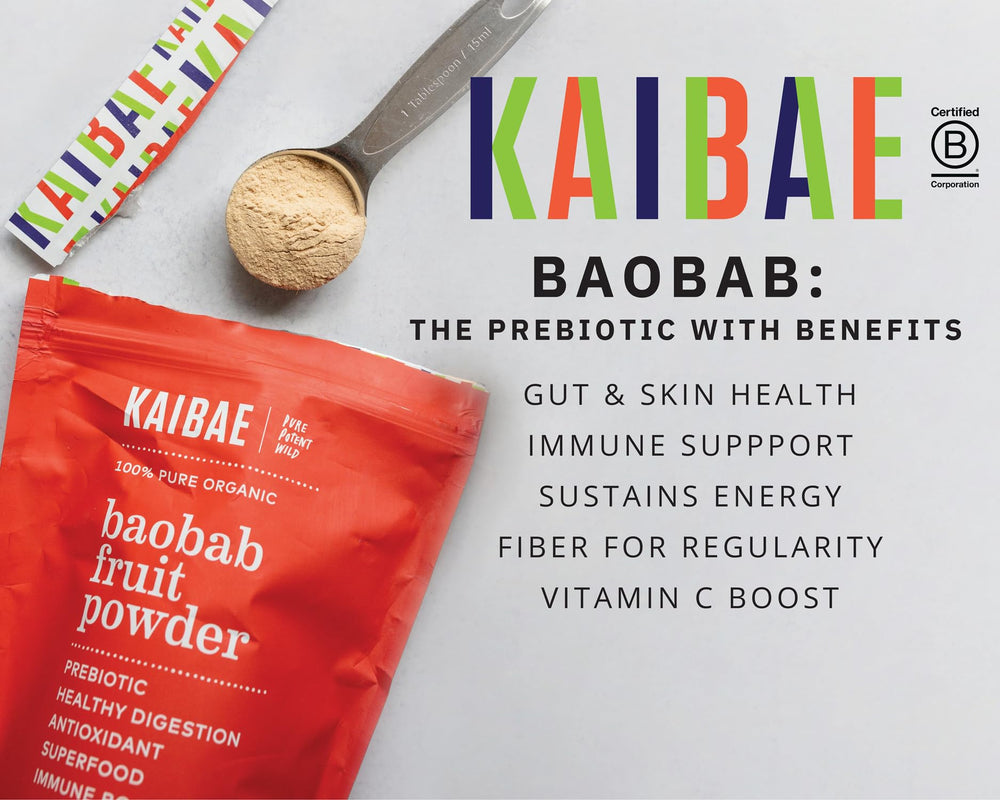 KAIBAE Baobab Powder scoop ready to measure for daily fiber boost.