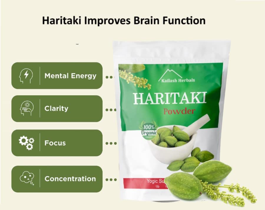 Kailash Herbals Haritaki powder jar back showing ingredients and purity details.