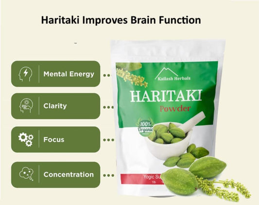 Kailash Herbals Haritaki powder jar back showing ingredients and purity details.